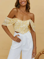 Floral Scooped Neck Off-Shoulder Zipper Back Fitted Crop Top