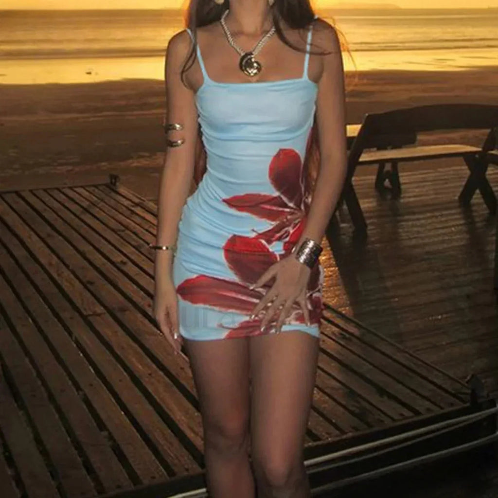 Blue Floral Strap Sleeveless Mini Dress