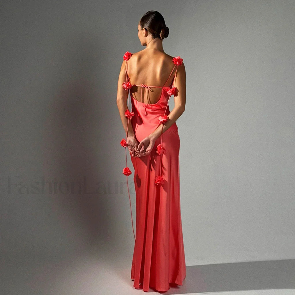 Floral Spaghetti Strap Backless Hip Wrap Mermaid Maxi Dress