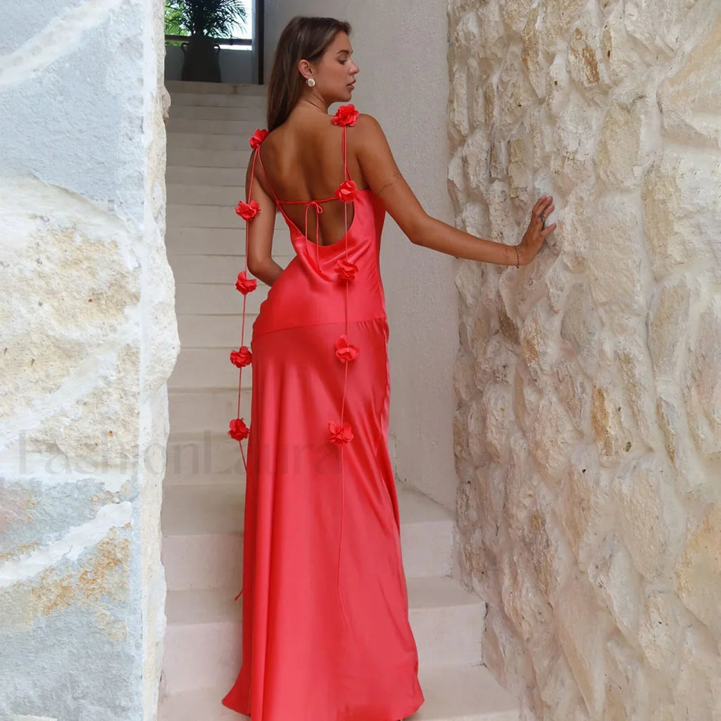 Floral Spaghetti Strap Backless Hip Wrap Mermaid Maxi Dress