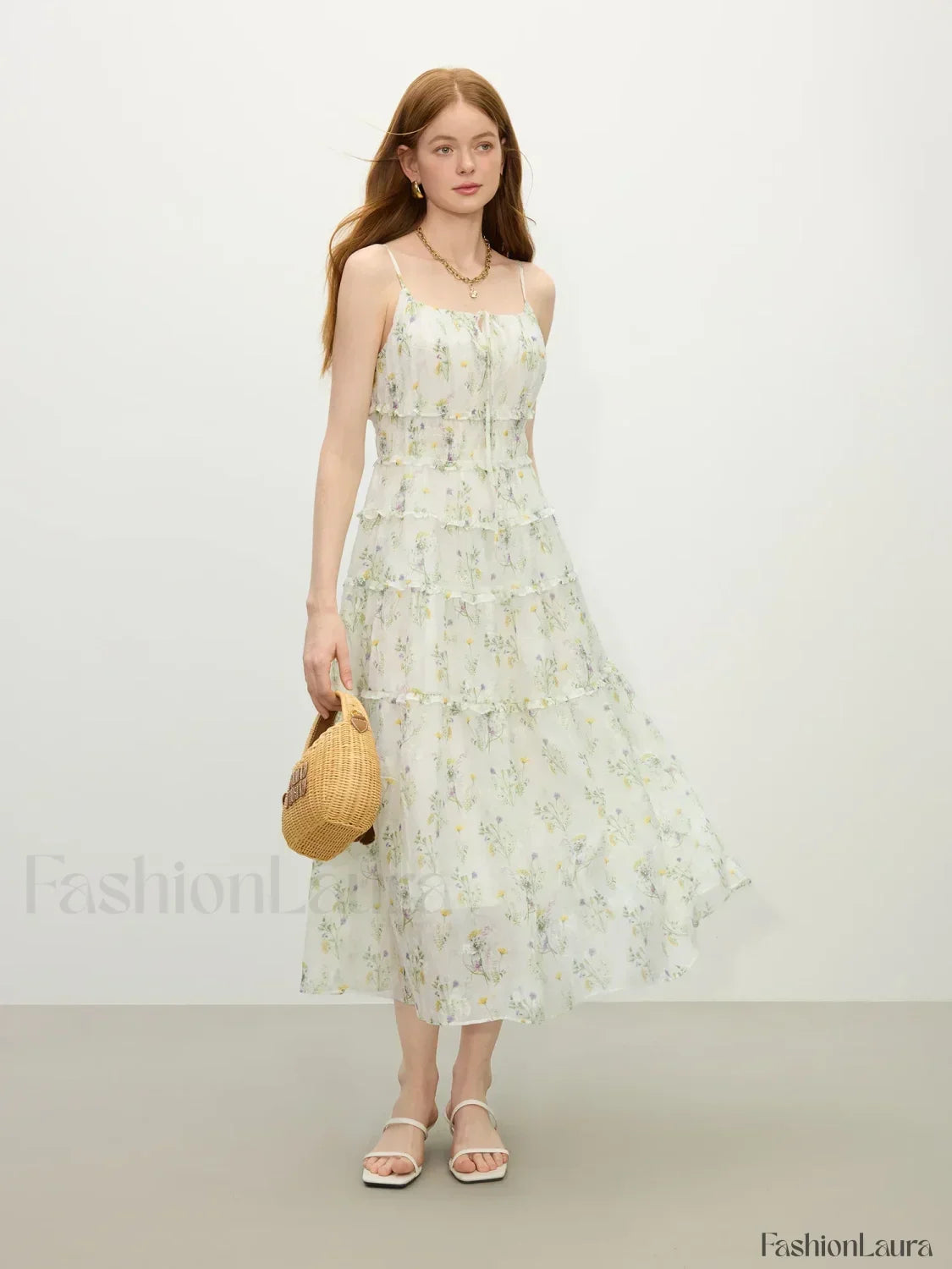 Floral Strappy X-line Midi Dress