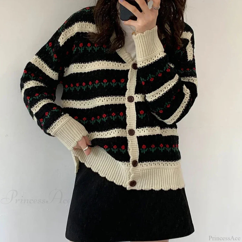 Floral Striped Textured Button Front Cardigan