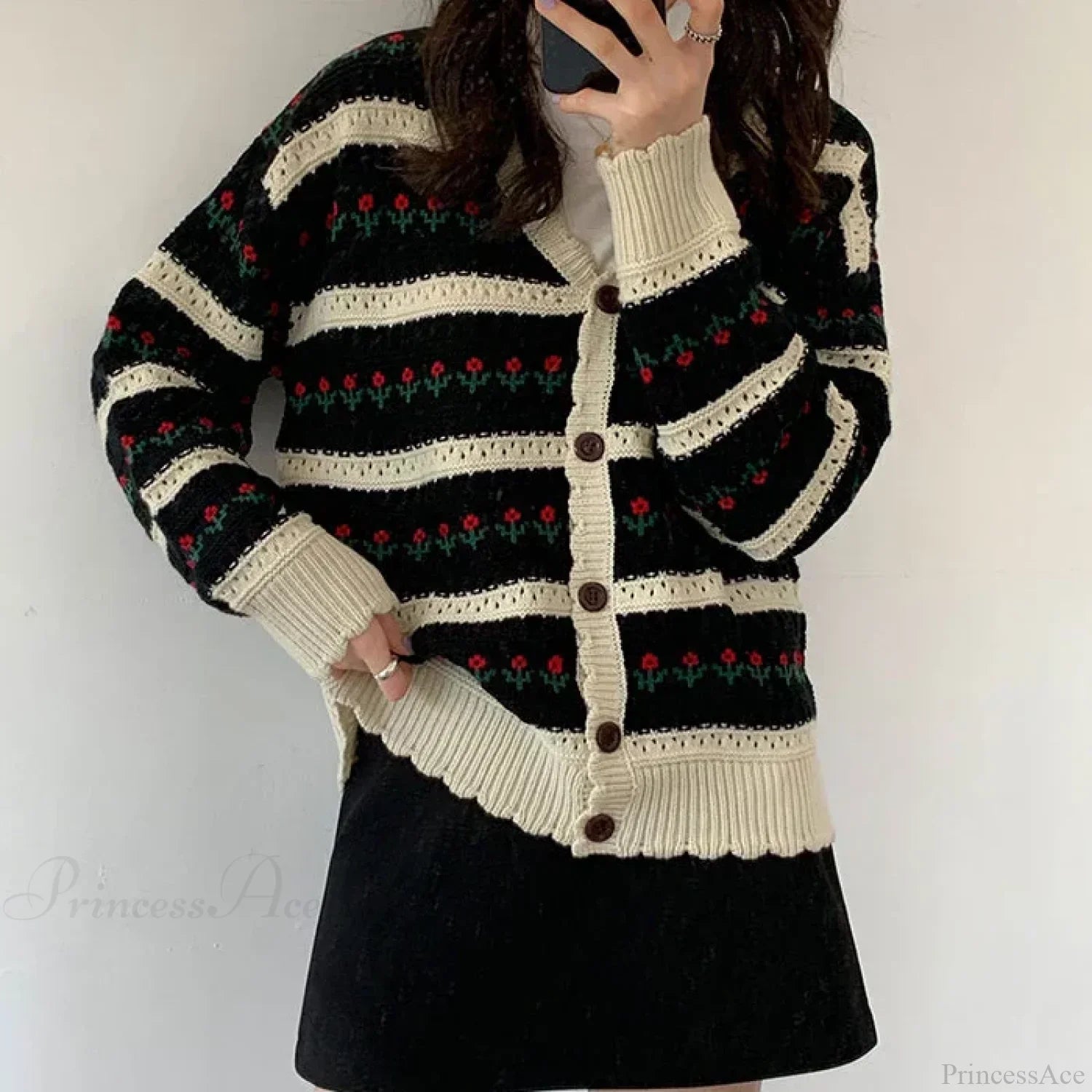 Floral Striped Textured Button Front Cardigan