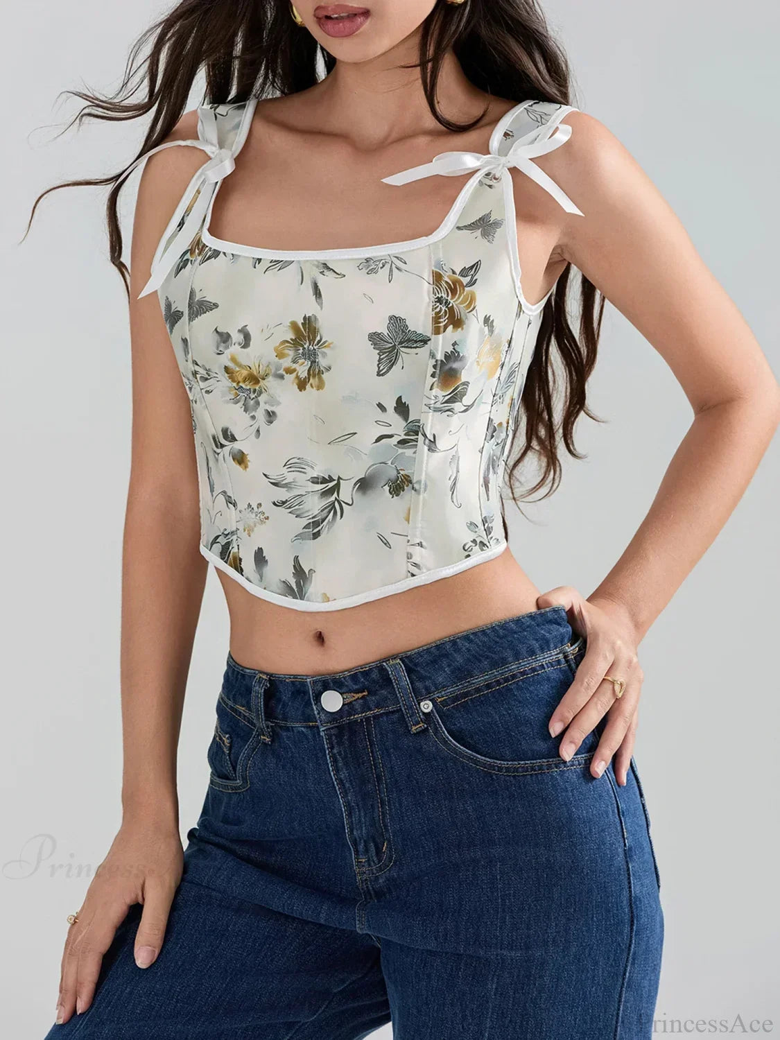 Floral Tie-back Vintage Corset Square Neck Crop Top