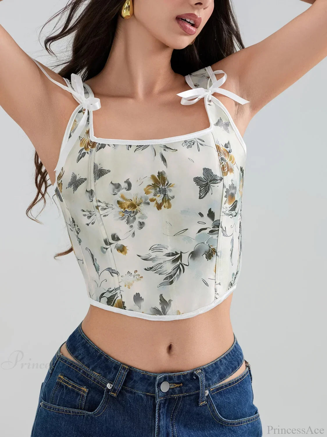 Floral Tie-back Vintage Corset Square Neck Crop Top