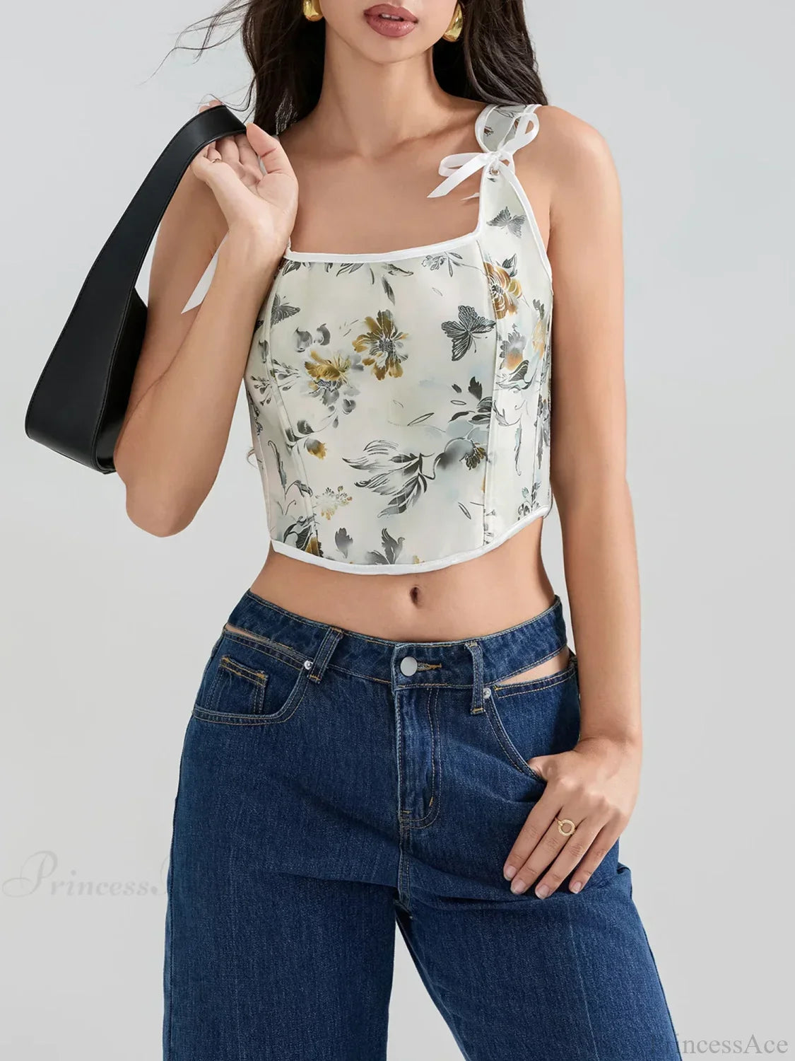Floral Tie-back Vintage Corset Square Neck Crop Top