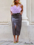 Floral Tie Strap Sheer Lace Mesh Sophisticated Scalloped Crop Tube Top - Lilac