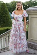 Floral Tulle Puff Sleeve Bow Tie Maxi Dress