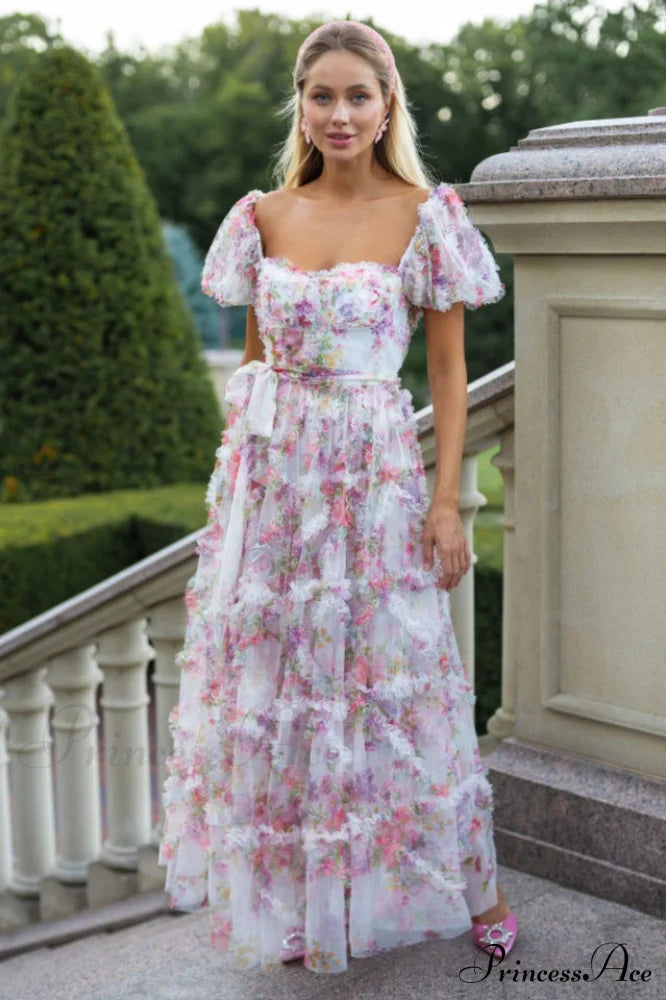 Floral Tulle Puff Sleeve Bow Tie Maxi Dress