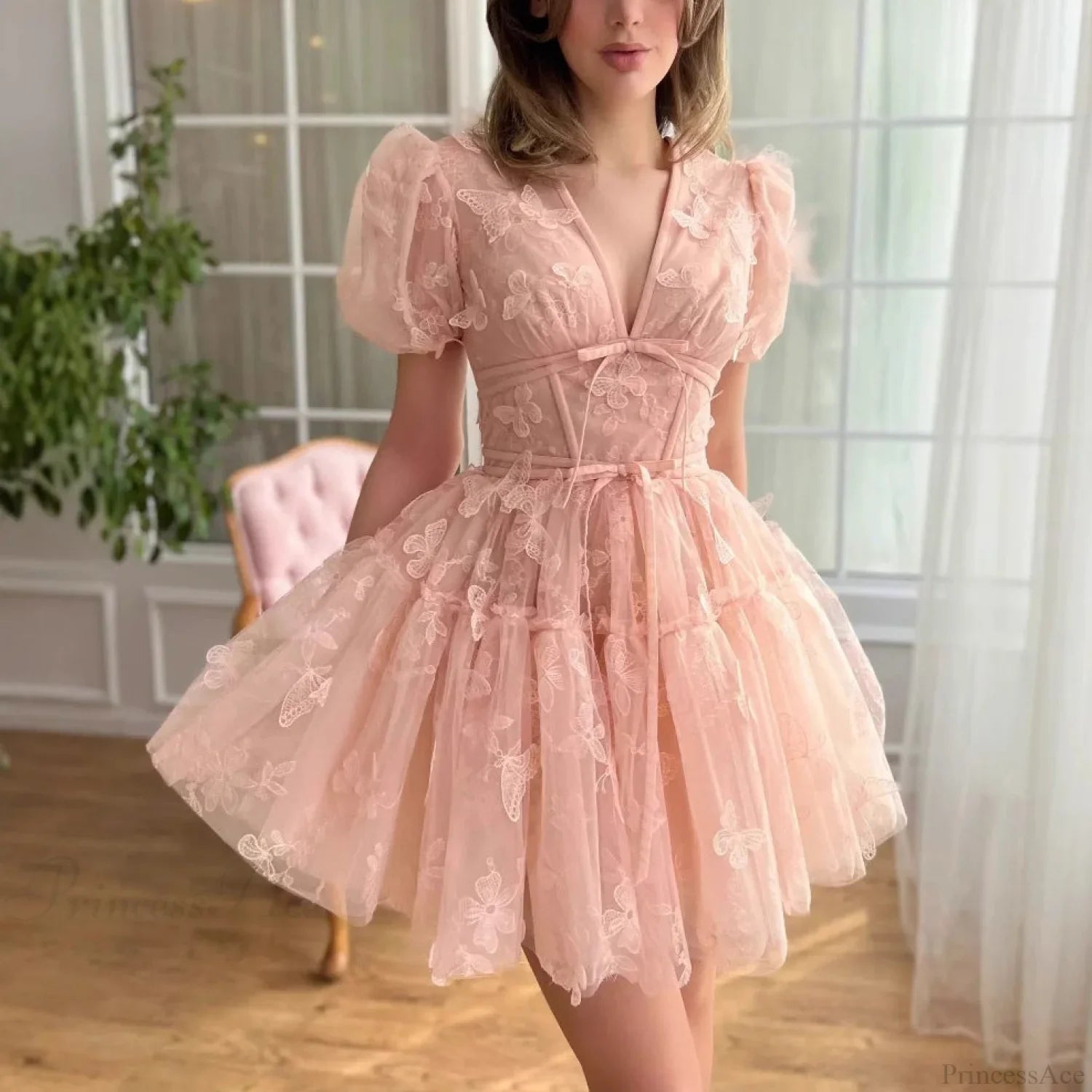 Floral V-Neck Short Wedding Dress