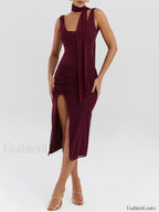 Wine Red Flower High-split Midi Dress