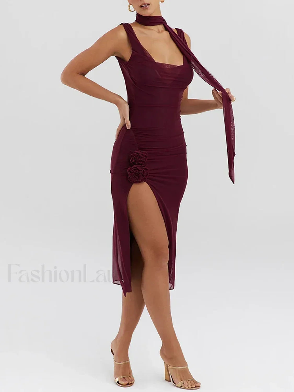 Wine Red Flower High-split Midi Dress