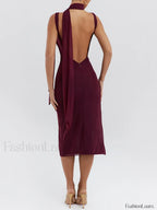 Wine Red Flower High-split Midi Dress