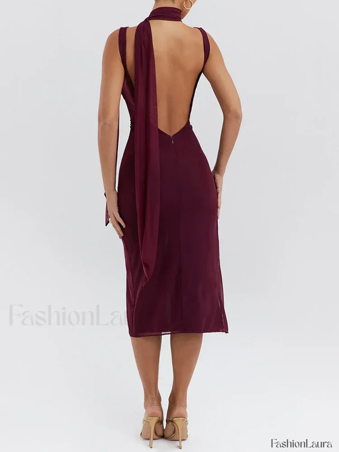 Wine Red Flower High-split Midi Dress