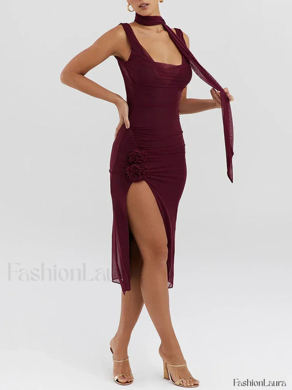 Wine Red Flower High-split Midi Dress