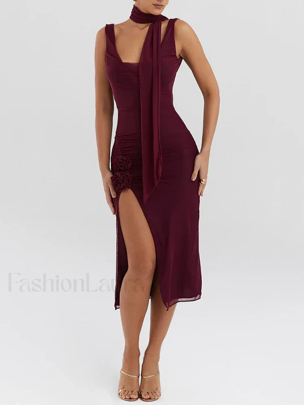 Wine Red Flower High-split Midi Dress