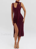 Wine Red Flower High-split Midi Dress