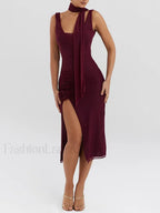 Wine Red Flower High-split Midi Dress