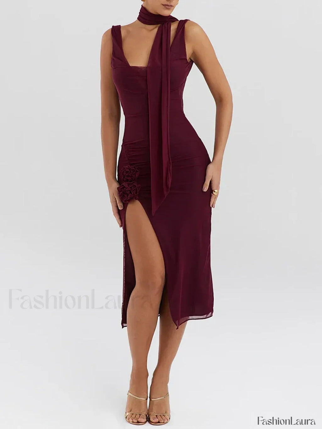 Wine Red Flower High-split Midi Dress