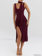 Wine Red Flower High-split Midi Dress