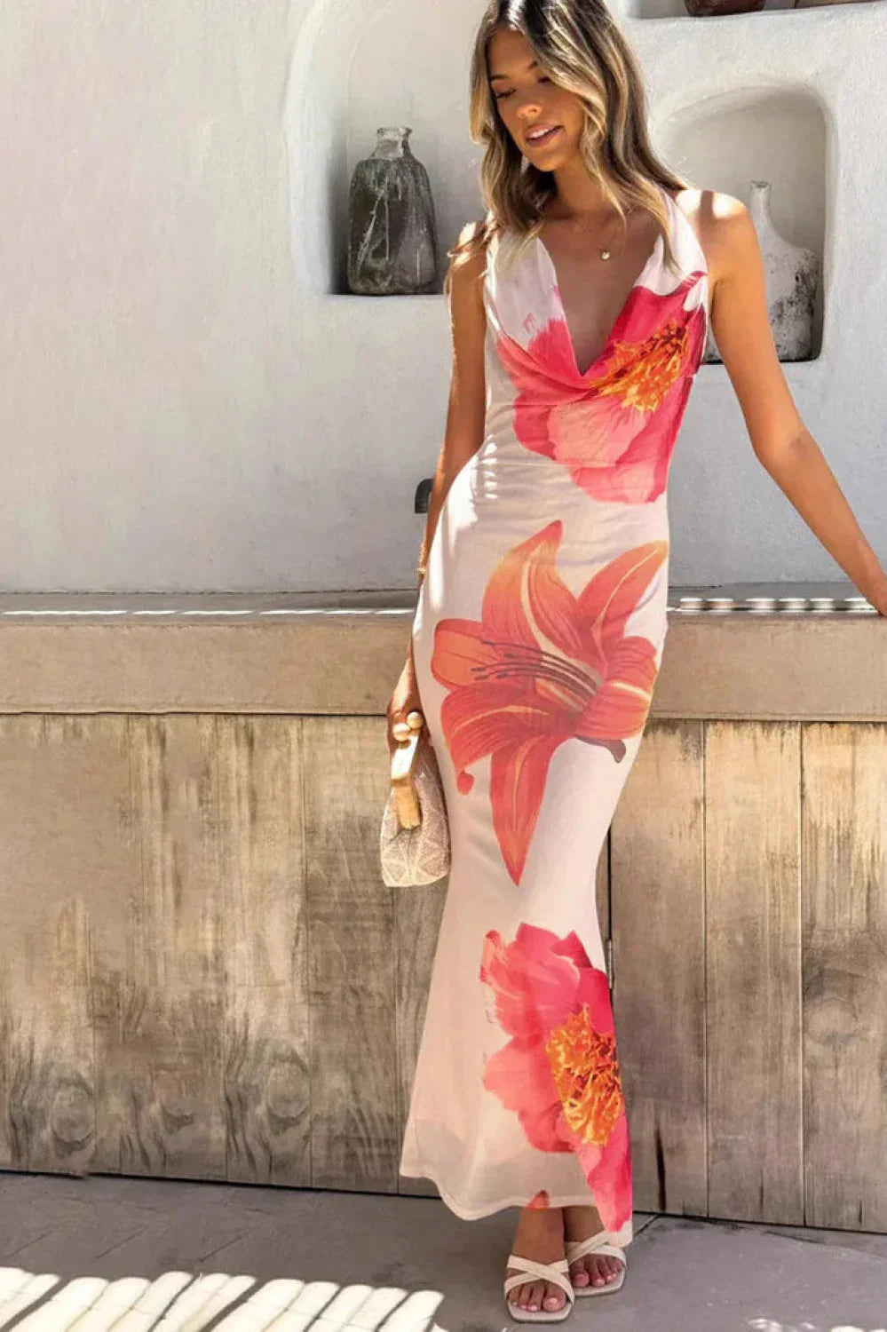 Red Floral Print Slim Fit Mermaid Fishtail Maxi Dress