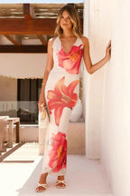 Red Floral Print Slim Fit Mermaid Fishtail Maxi Dress