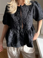 Flower Ruched Front Tie-Up Blouse