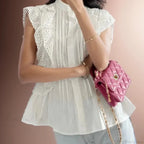 Flying Sleeve Ruffled Lace Button Vintage Blouse