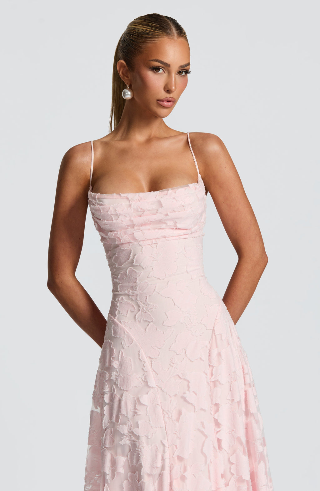 Cowl Neck Spaghetti Strap Floral Jacquard Burnout Fit and Flare Maxi Dress