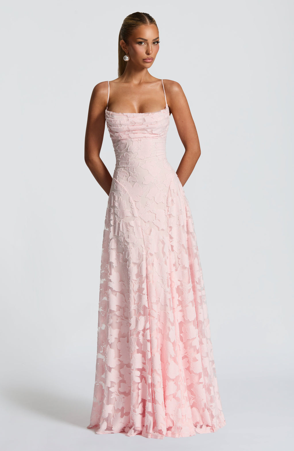 Cowl Neck Spaghetti Strap Floral Jacquard Burnout Fit and Flare Maxi Dress