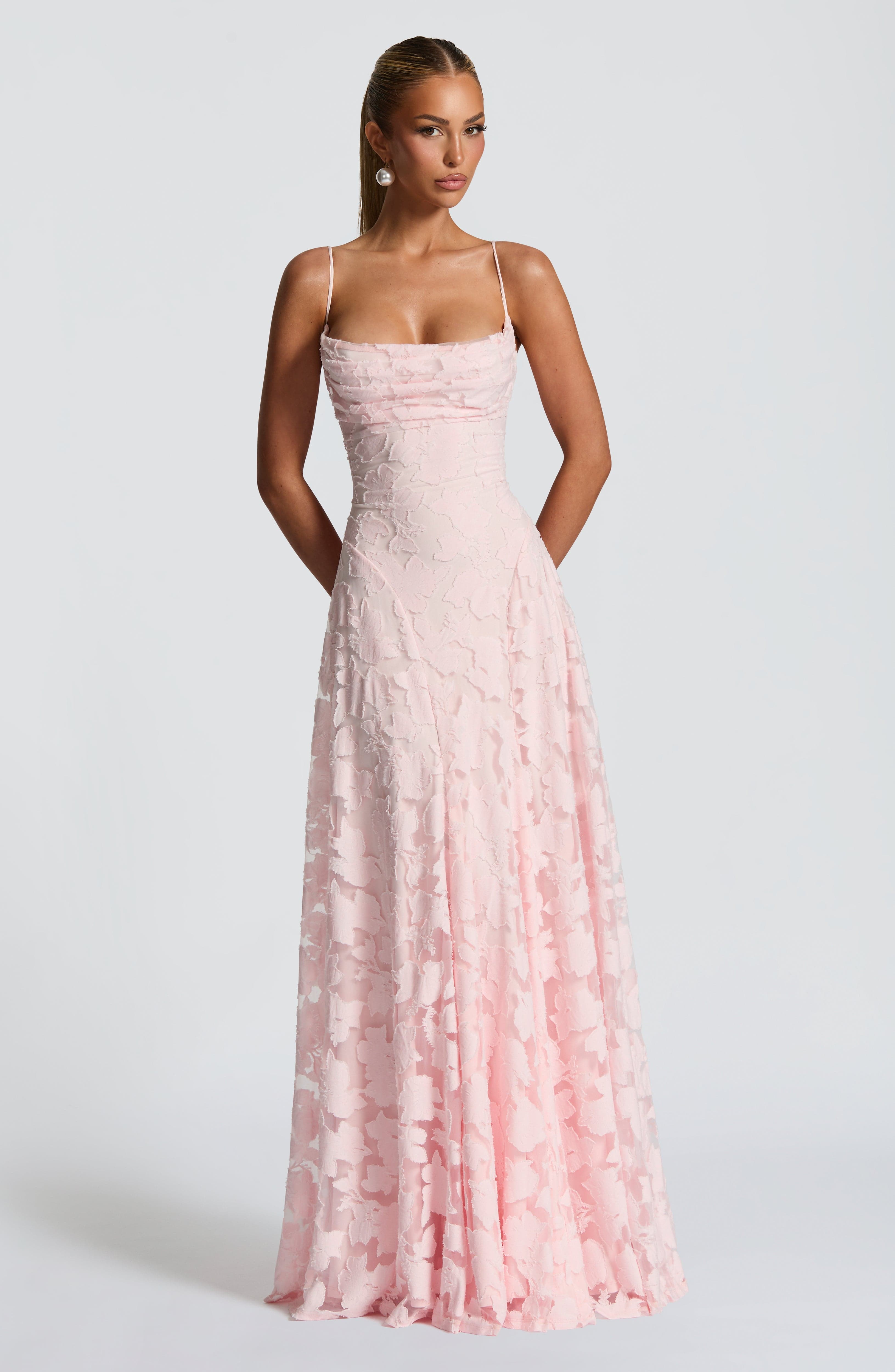 Cowl Neck Spaghetti Strap Floral Jacquard Burnout Fit and Flare Maxi Dress