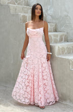 Cowl Neck Spaghetti Strap Floral Jacquard Burnout Fit and Flare Maxi Dress