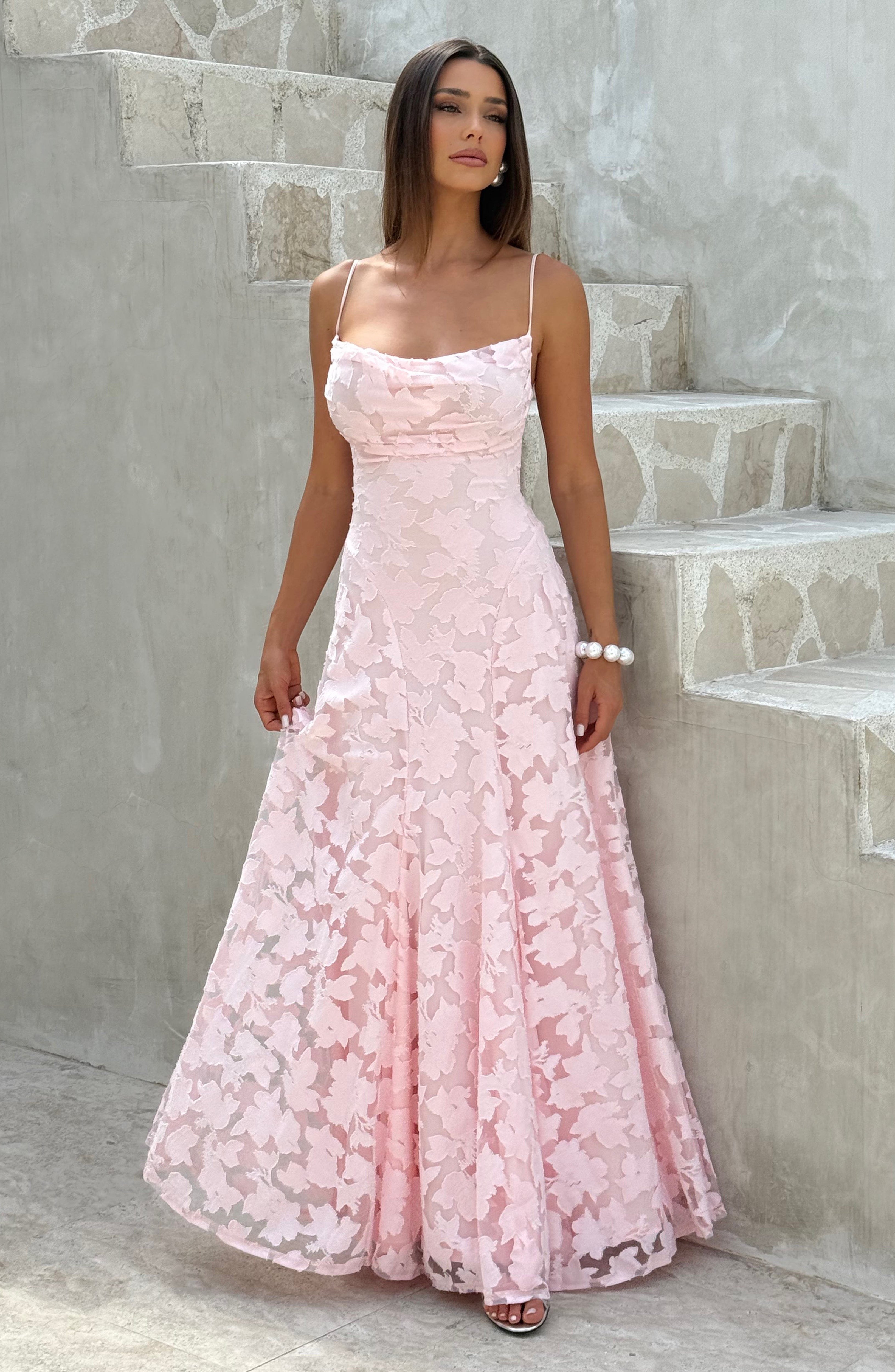 Cowl Neck Spaghetti Strap Floral Jacquard Burnout Fit and Flare Maxi Dress