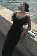 Frayed Edge V-Neck Strapless Fitted Maxi Party Dress