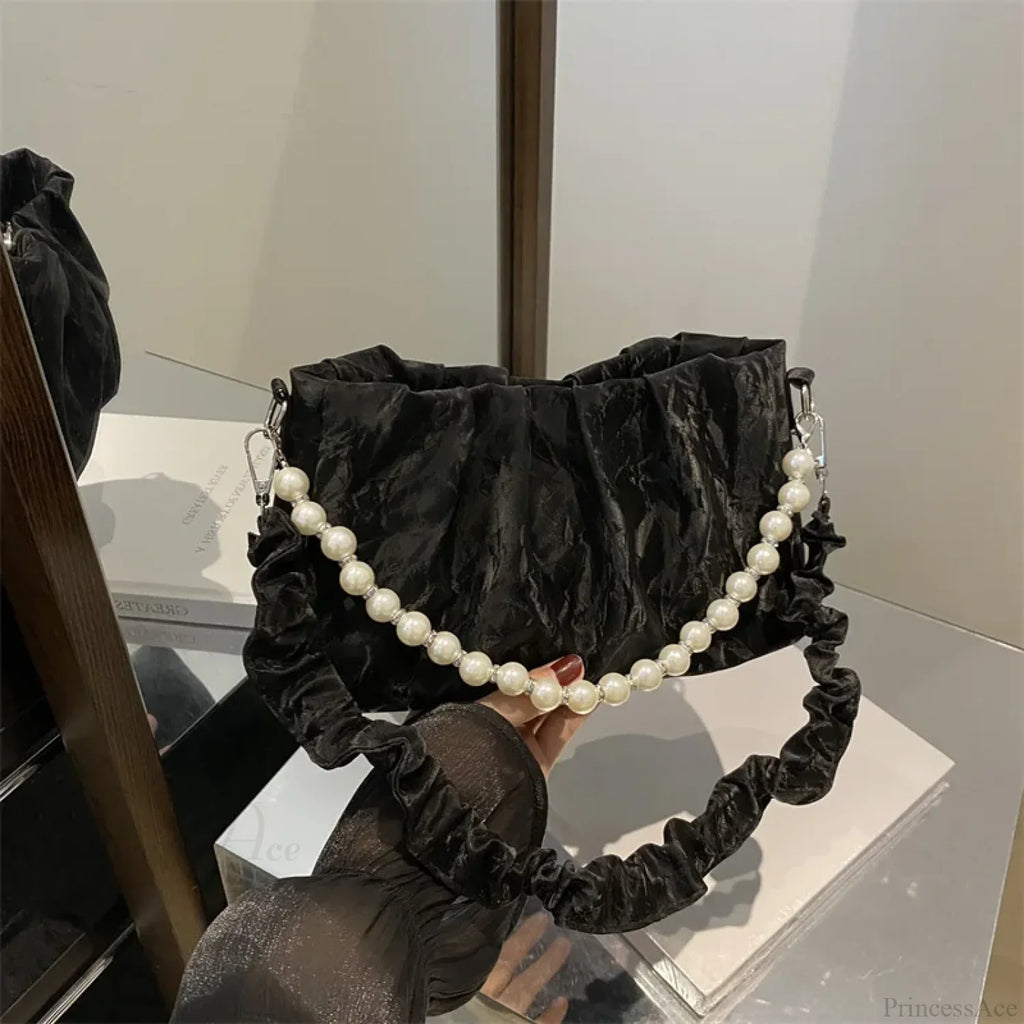 French Beaded Chain Pleated Underarm Crossbody Handbag