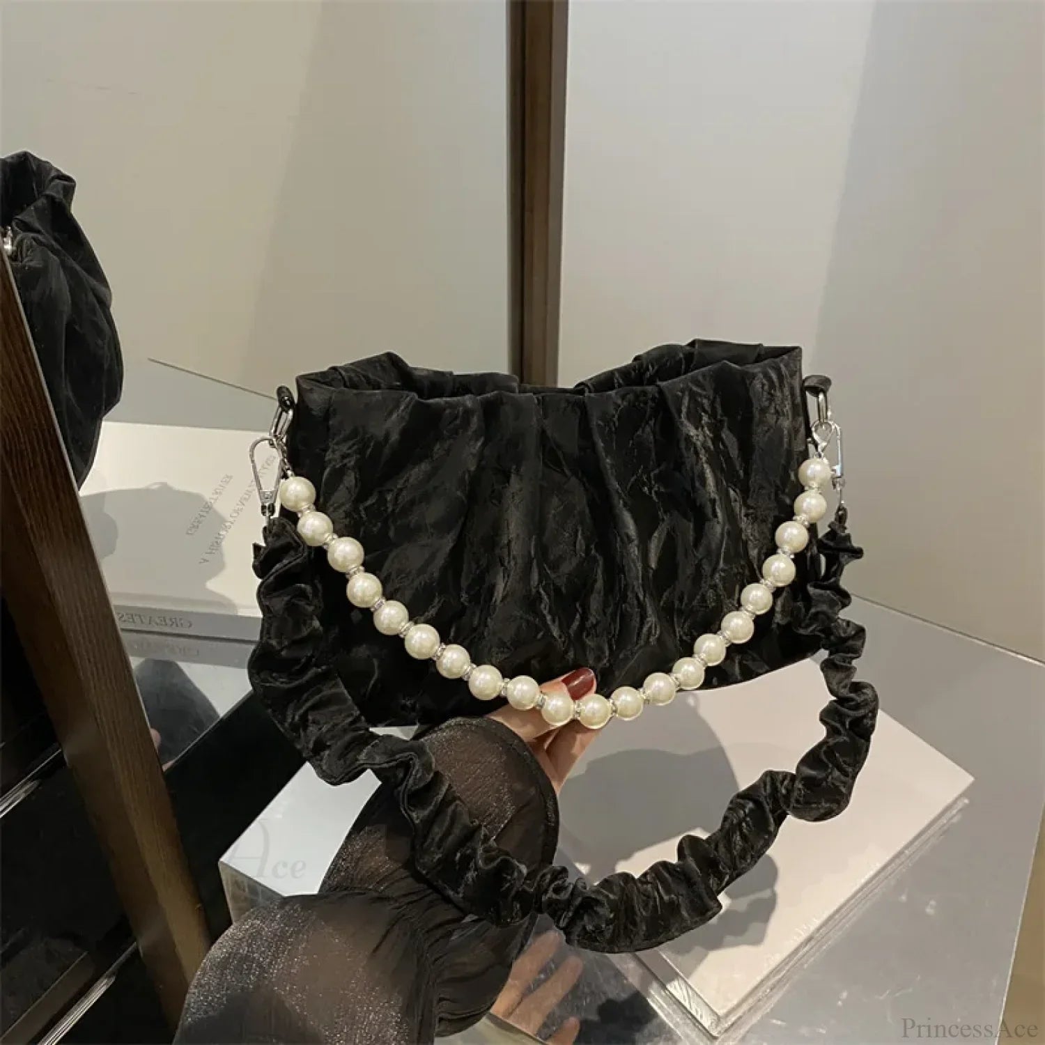 French Beaded Chain Pleated Underarm Crossbody Handbag