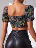 French Floral Corset Lace Up Bustier Crop Top