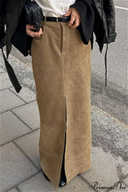 French Retro Suede High Waist Split Maxi Skirt