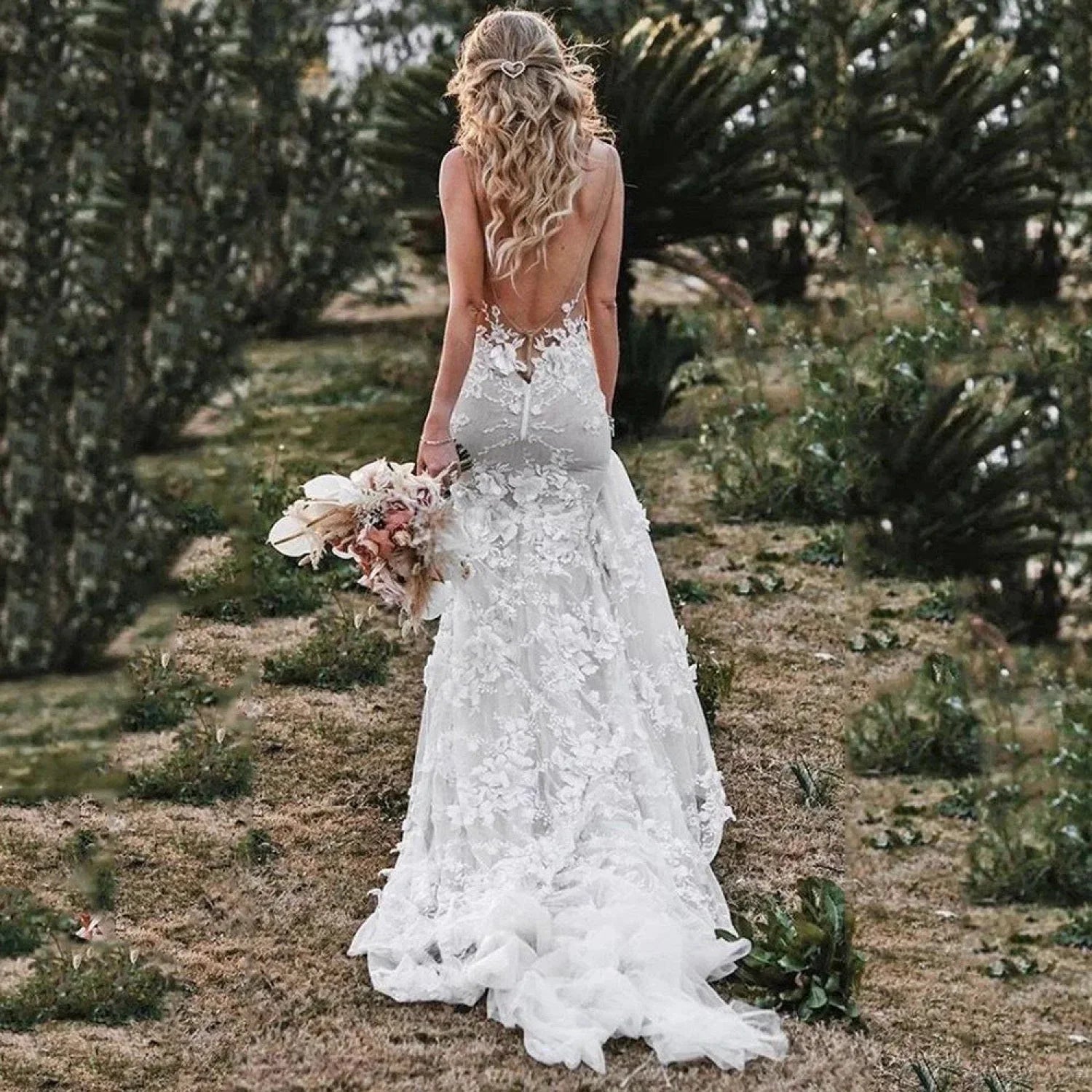 French Sheer Tulle Long Train Wedding Dress