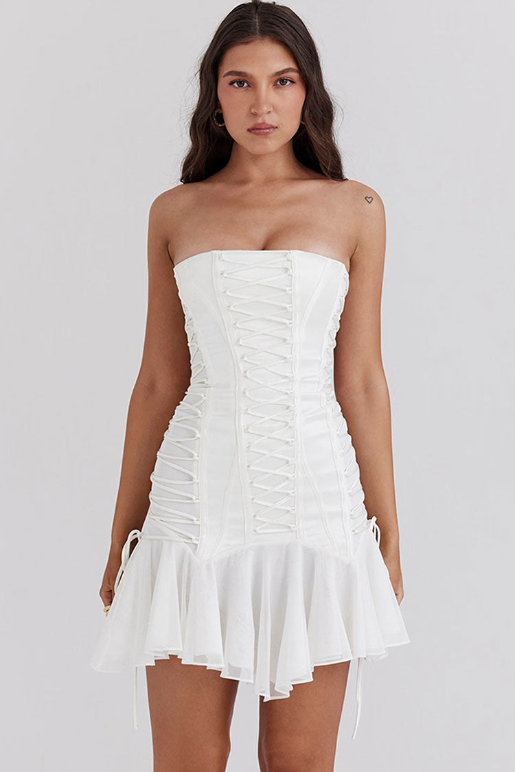 Strapless Lace Up Corset Bodice Tiered Ruffle Tulle Mini Dress