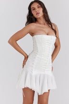 Strapless Lace Up Corset Bodice Tiered Ruffle Tulle Mini Dress