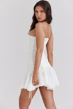 Strapless Lace Up Corset Bodice Tiered Ruffle Tulle Mini Dress