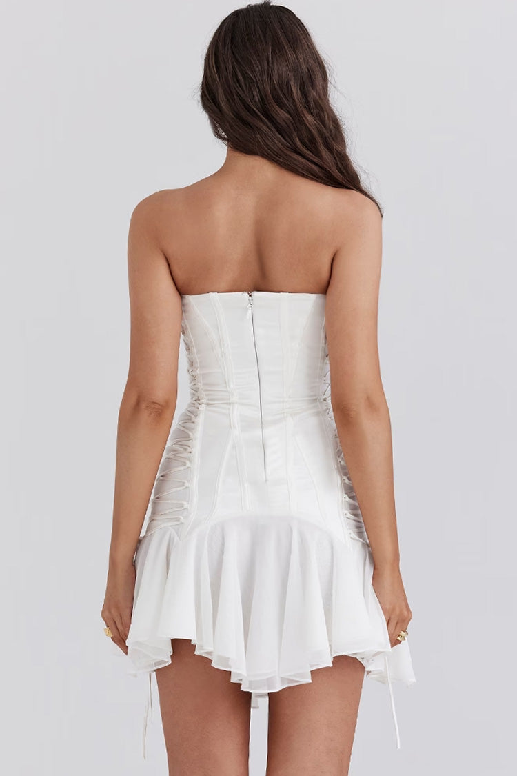 Strapless Lace Up Corset Bodice Tiered Ruffle Tulle Mini Dress