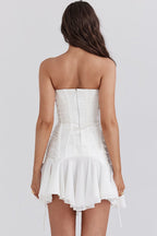 Strapless Lace Up Corset Bodice Tiered Ruffle Tulle Mini Dress