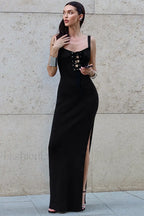 Black V-Neck Spaghetti Strap High Slit Waist Wrap Maxi Dress