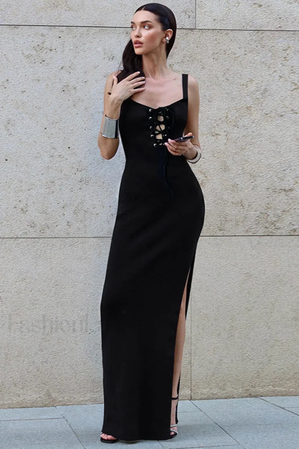 Black V-Neck Spaghetti Strap High Slit Waist Wrap Maxi Dress