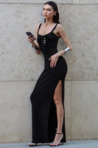 Black V-Neck Spaghetti Strap High Slit Waist Wrap Maxi Dress