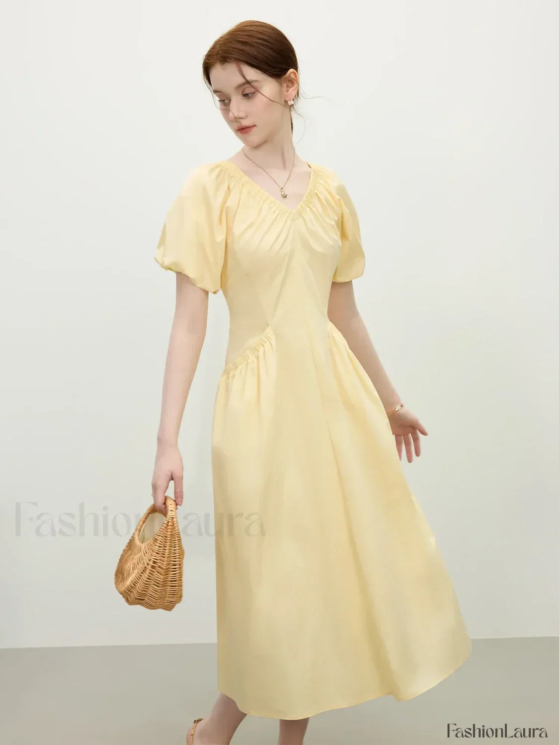 Yellow Waist-slim Midi Dress