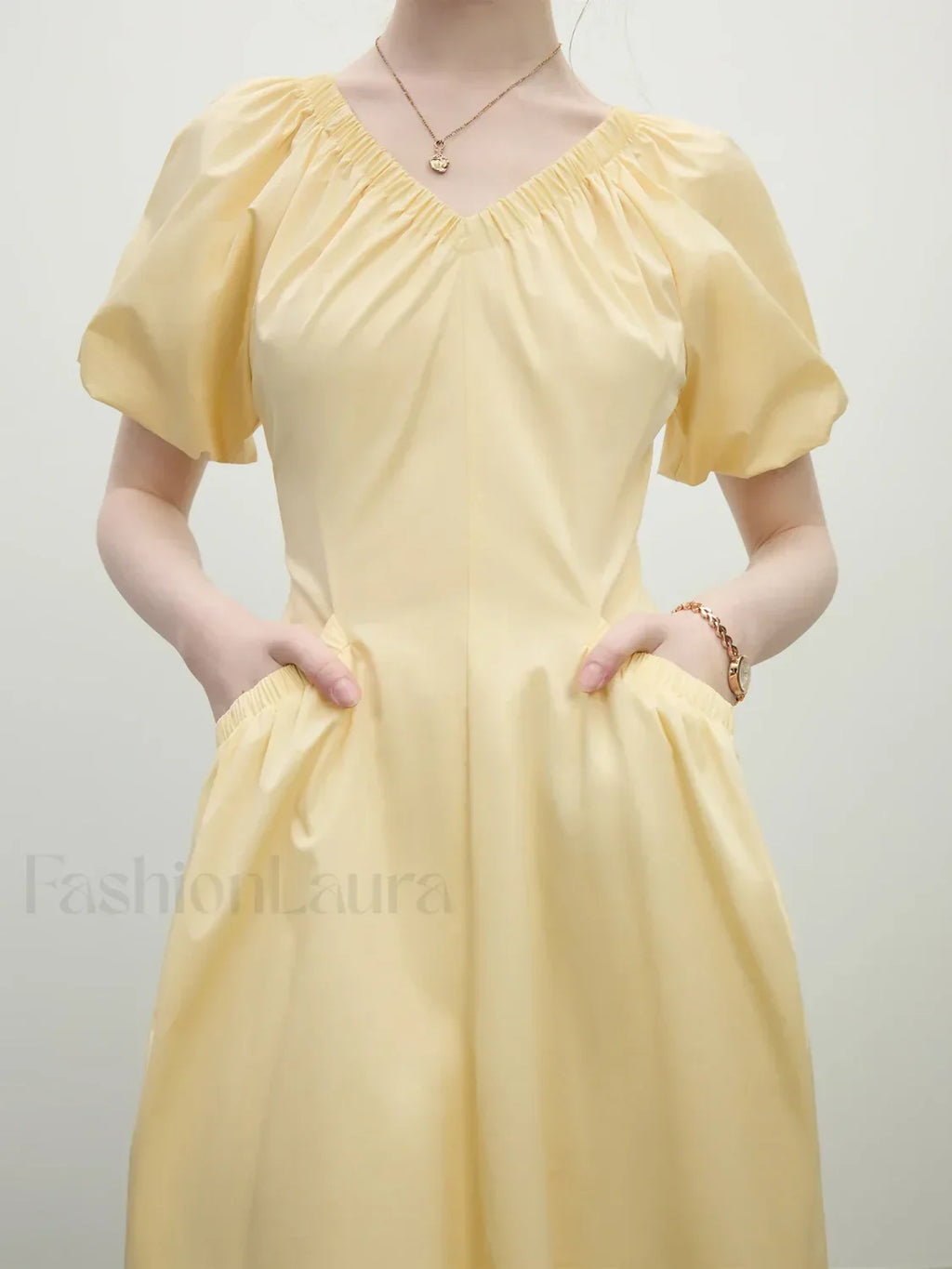 Yellow Waist-slim Midi Dress