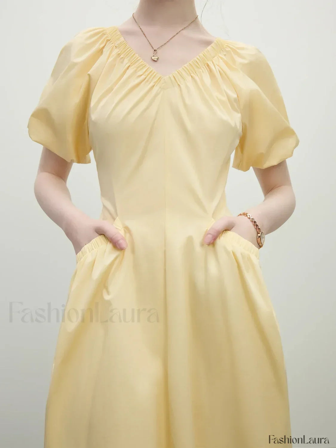 Yellow Waist-slim Midi Dress